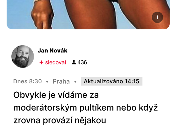 Snímek obrazovky ukazující tlačítko sledovat pod jménem autora