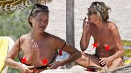 Opalovačka nahoře bez: Kate Moss odložila bikiny, ale cigaret se vzdát nezvládá. Plavky stáhl i její přítel