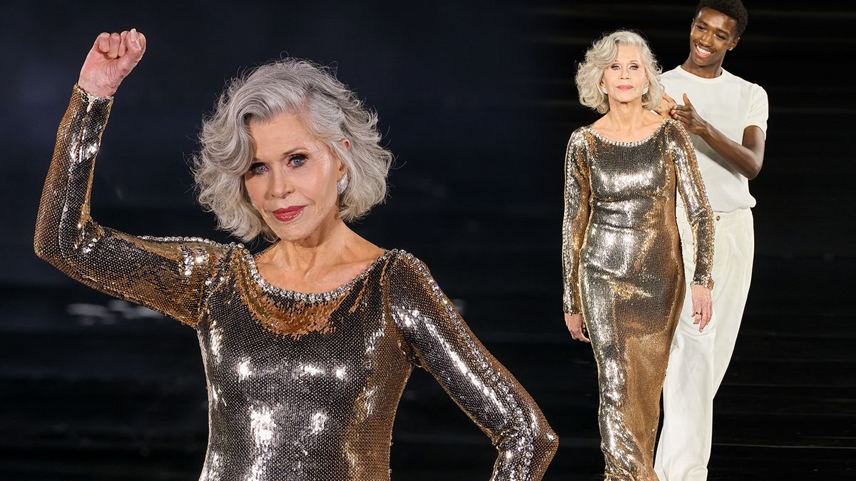 Naprosto úžasná! Jane Fonda (87) zastínila ostatní modelky na přehlídce v Paříži. Ve zlatých šatech si podmanila molo