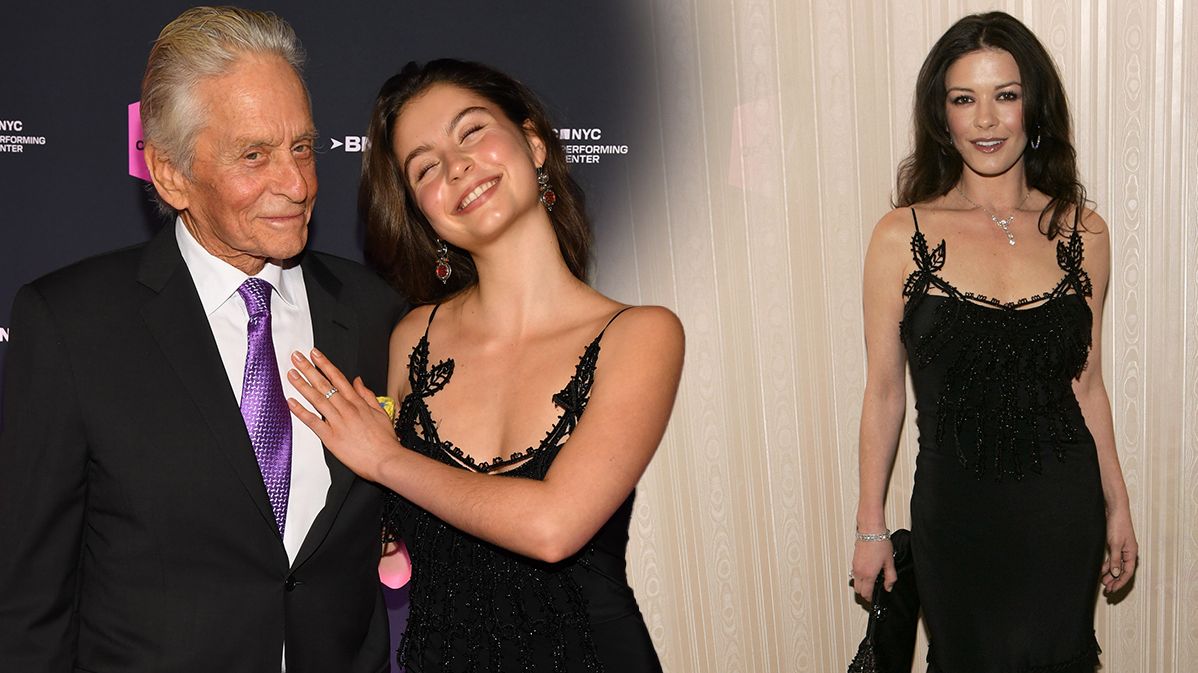 Dcera Zety-Jones a Douglase výjimečně ve společnosti. Ve 20 let starých šatech po mámě. Je to ale kopie tatínka!