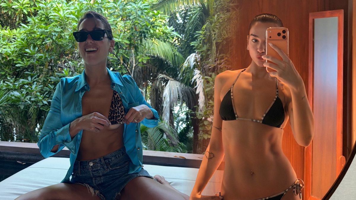Někdo se chlubí stromečkem a výzdobou, Dua Lipa figurou: Titěrné bikiny musela hlídat, aby zůstaly na svém místě