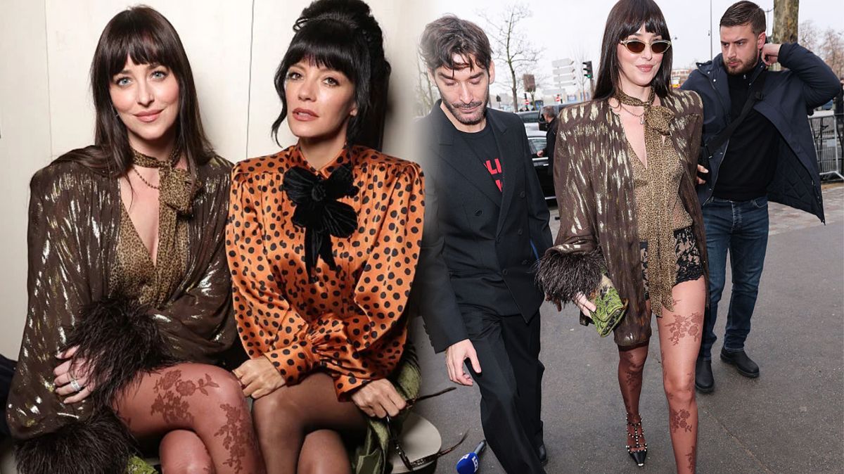 Dakota Johnson a Lily Allen ukázaly na přehlídce sexy nožky i mašle kolem krku. Randění s koloušky jim evidentně svědčí